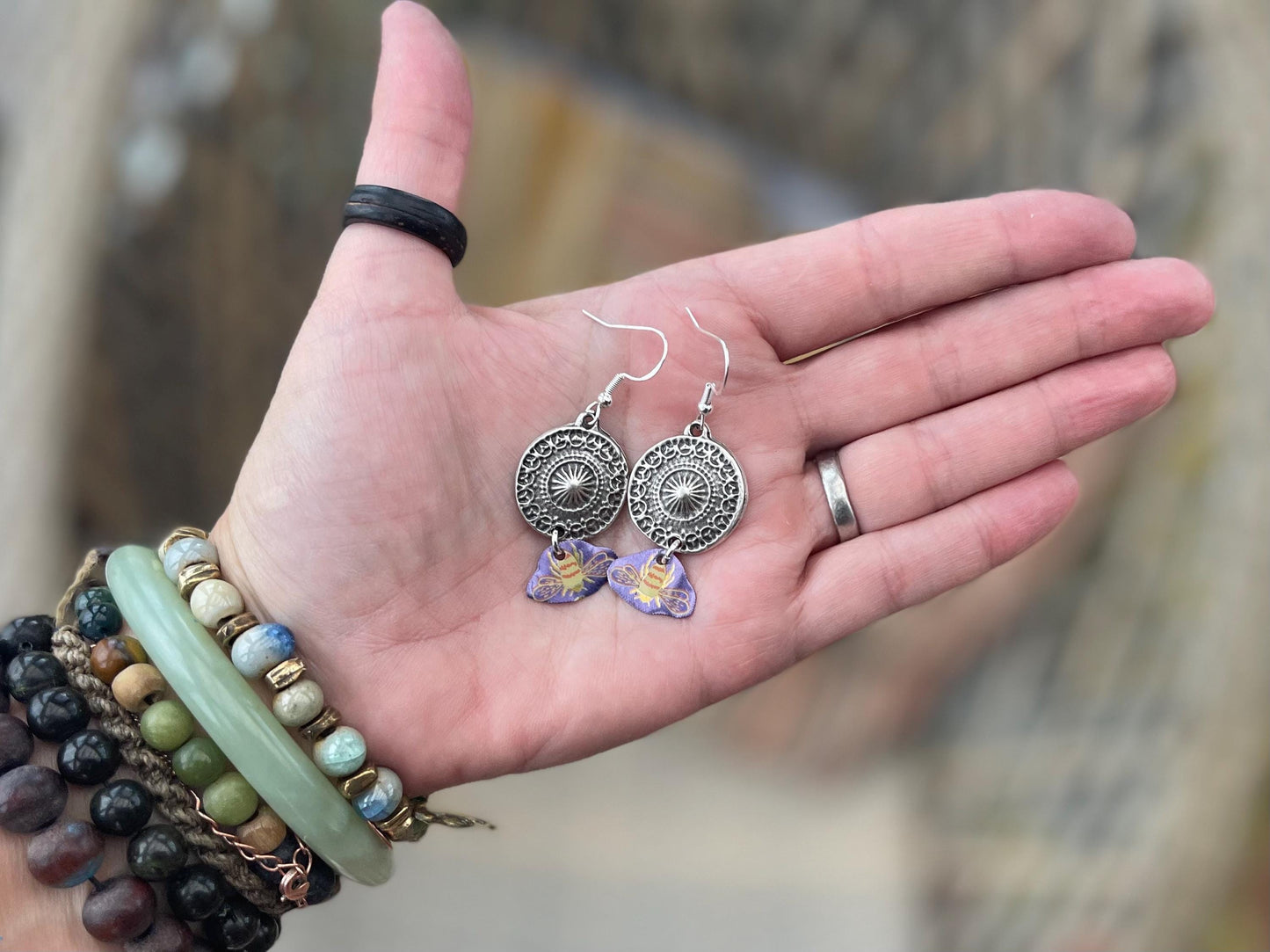 Bee earrings. Bee jewellery, boho jewellery, boho jewellery, unique earrings, eco friendly jewellery, gift for her, ethical jewellery