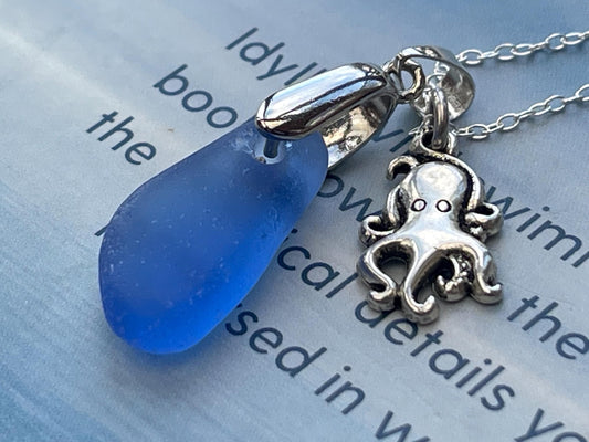 Eco friendly sea glass necklace on a sterling silver chain showcasing a little octopus. Octopus pendant, octopus necklace, ethical jewellery