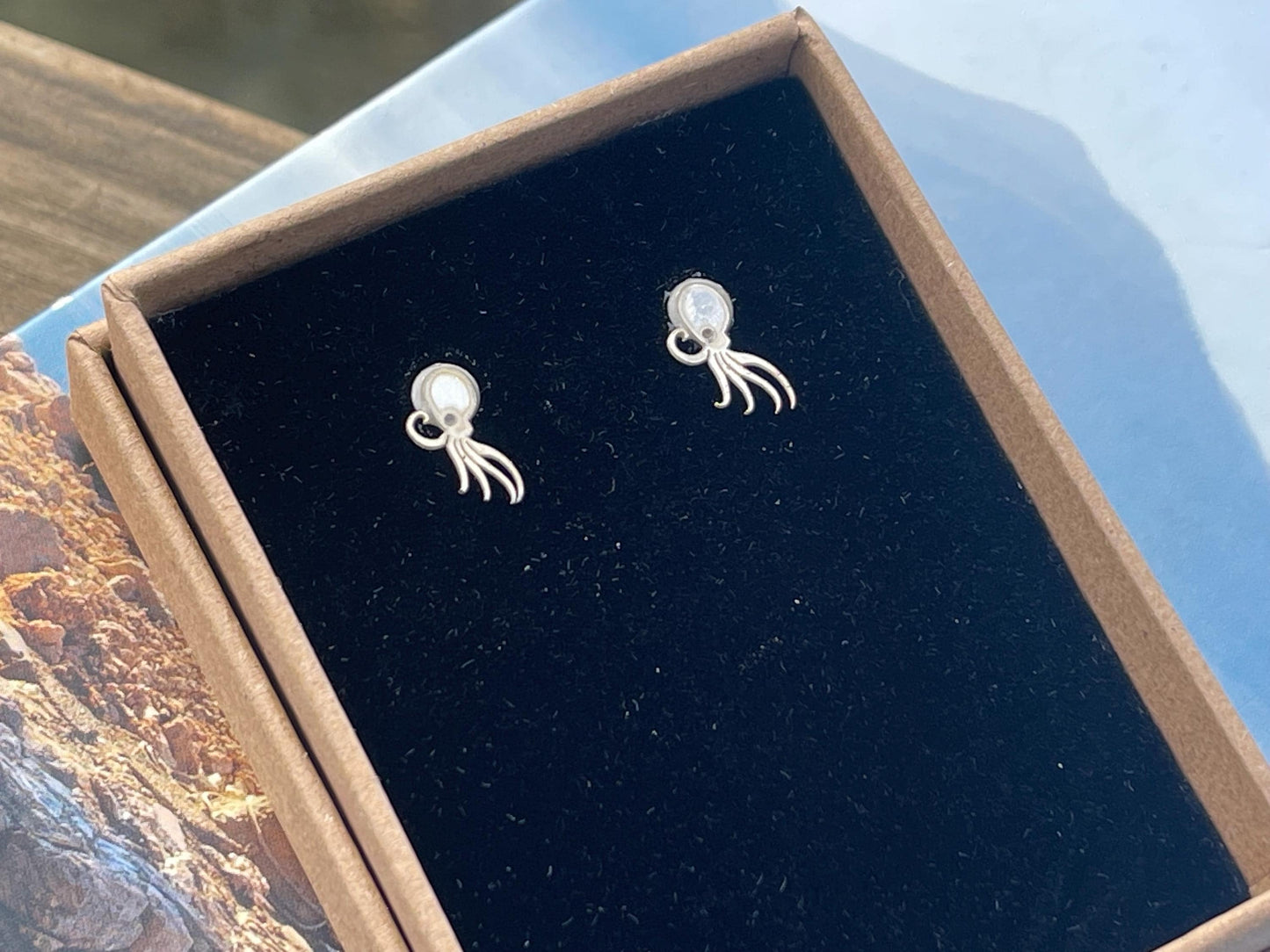 Recycled octopus stud earrings. Sterling silver octopus earrings. Handmade octopus jewellery. Eco friendly jewellery. Octopus gifts