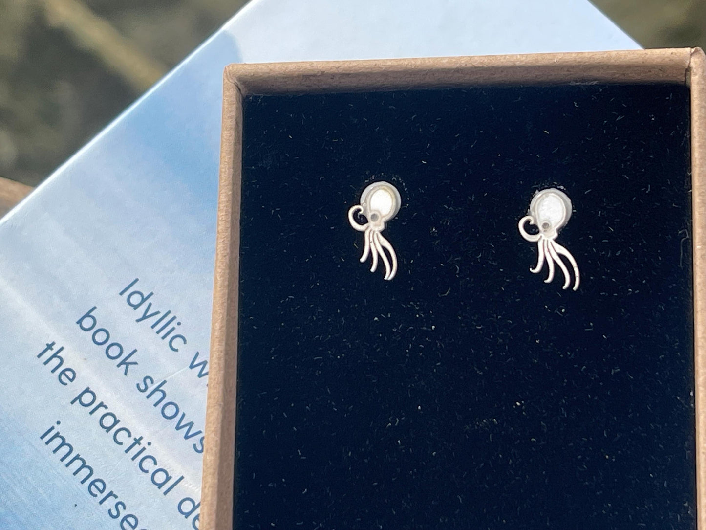 Recycled octopus stud earrings. Sterling silver octopus earrings. Handmade octopus jewellery. Eco friendly jewellery. Octopus gifts