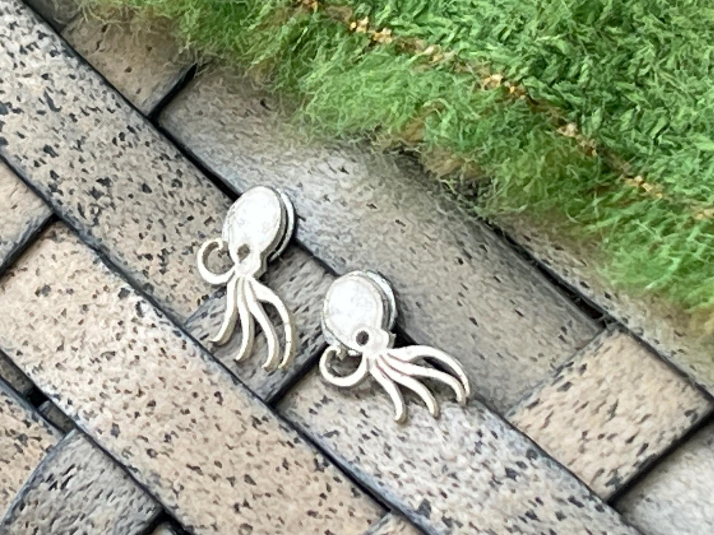 Recycled octopus stud earrings. Sterling silver octopus earrings. Handmade octopus jewellery. Eco friendly jewellery. Octopus gifts