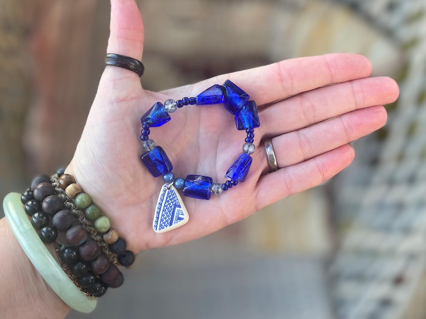 Small sea pottery bracelet. Blue girls bracelet. Handmade bracelets made with upcycled beading. Eco friendly jewellery. Unique bracelet.