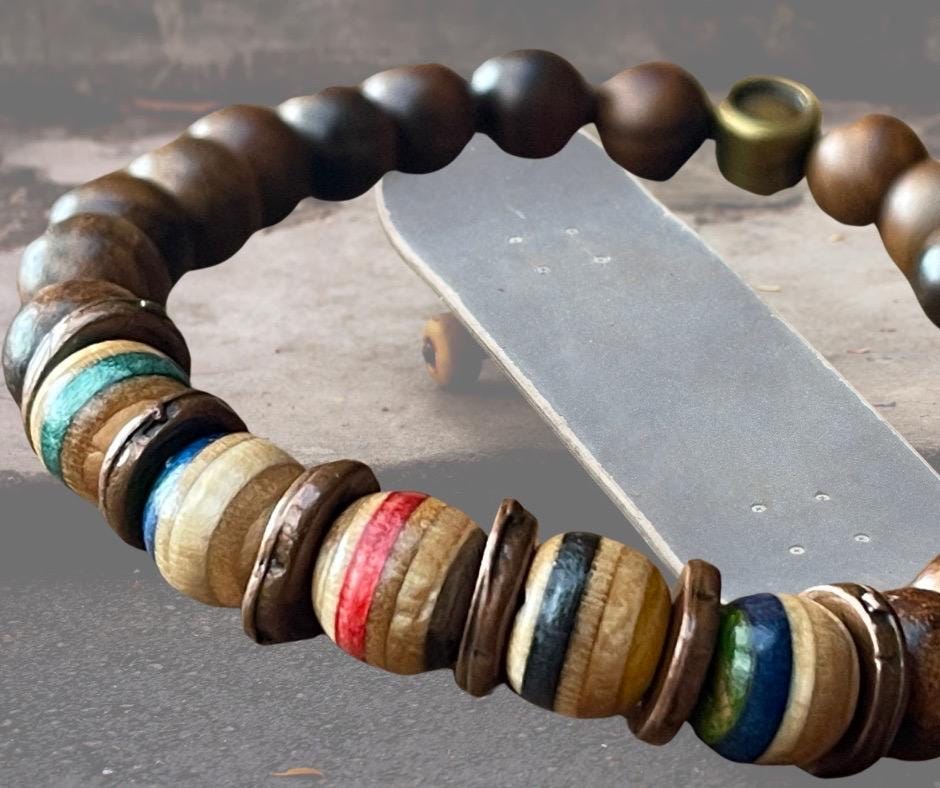 Handmade bracelet made from old skateboards. Skateboard bracelet. Unique gifts for men. Sustainable jewellery. Eco friendly bracelets.