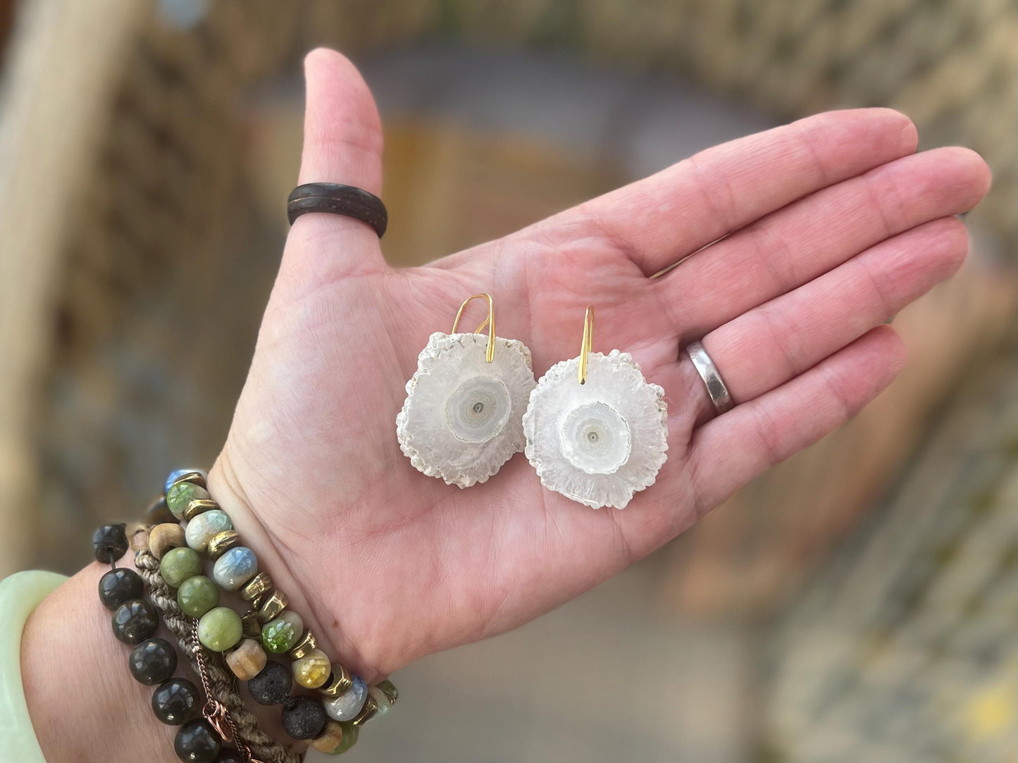 Solar quartz gemstone earrings on sterling silver & gold. Ethical jewellery, white gemstone earrings. Unique jewellery. Unique earrings