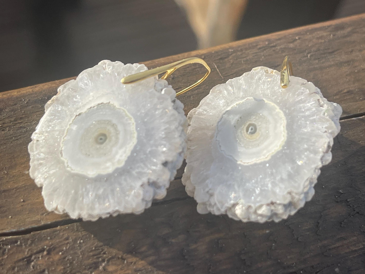 Solar quartz gemstone earrings on sterling silver & gold. Ethical jewellery, white gemstone earrings. Unique jewellery. Unique earrings