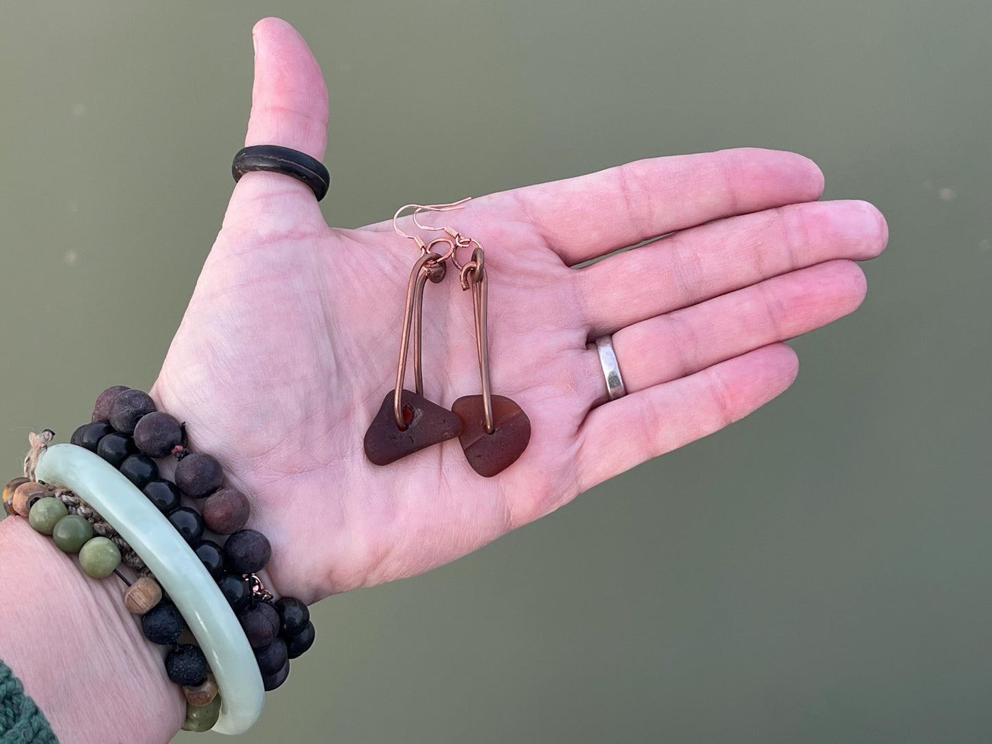 Sea glass and recycled copper earrings, unique earrings, ethical jewellery, unusual boho jewellery, sea glass jewellery, orange sea glass