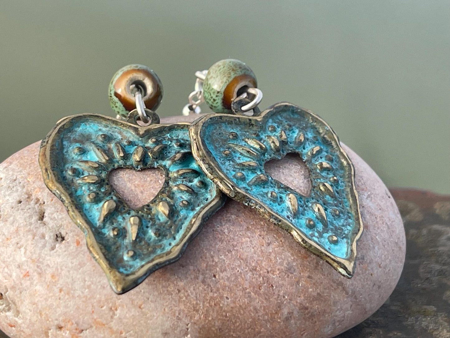 Handmade heart earrings. Rustic earrings, unusual earrings, unusual gift for her, blue earrings, boho earrings, heart jewellery, hippy gift