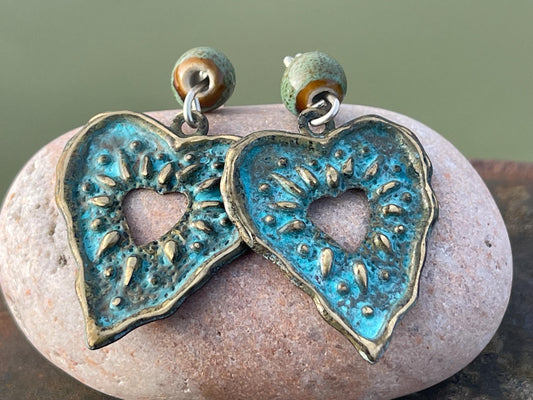 Handmade heart earrings. Rustic earrings, unusual earrings, unusual gift for her, blue earrings, boho earrings, heart jewellery, hippy gift