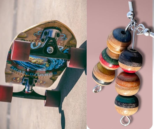 Handmade earrings made from old skateboards. Skateboard earrings. Skater jewellery. Sustainable jewellery. Eco friendly earrings. Cool gifts