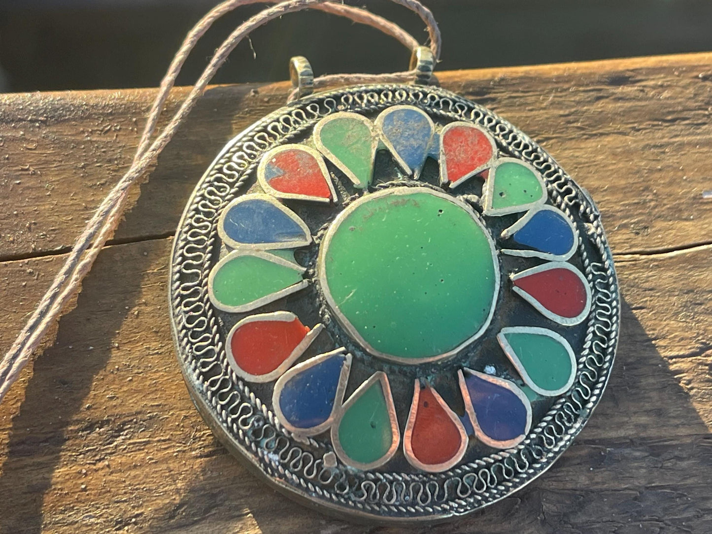 Gypsy jewellery. Very large statement necklace. Vintage jewellery, ethical jewellery, red and green pendant, boho necklace, unique necklace