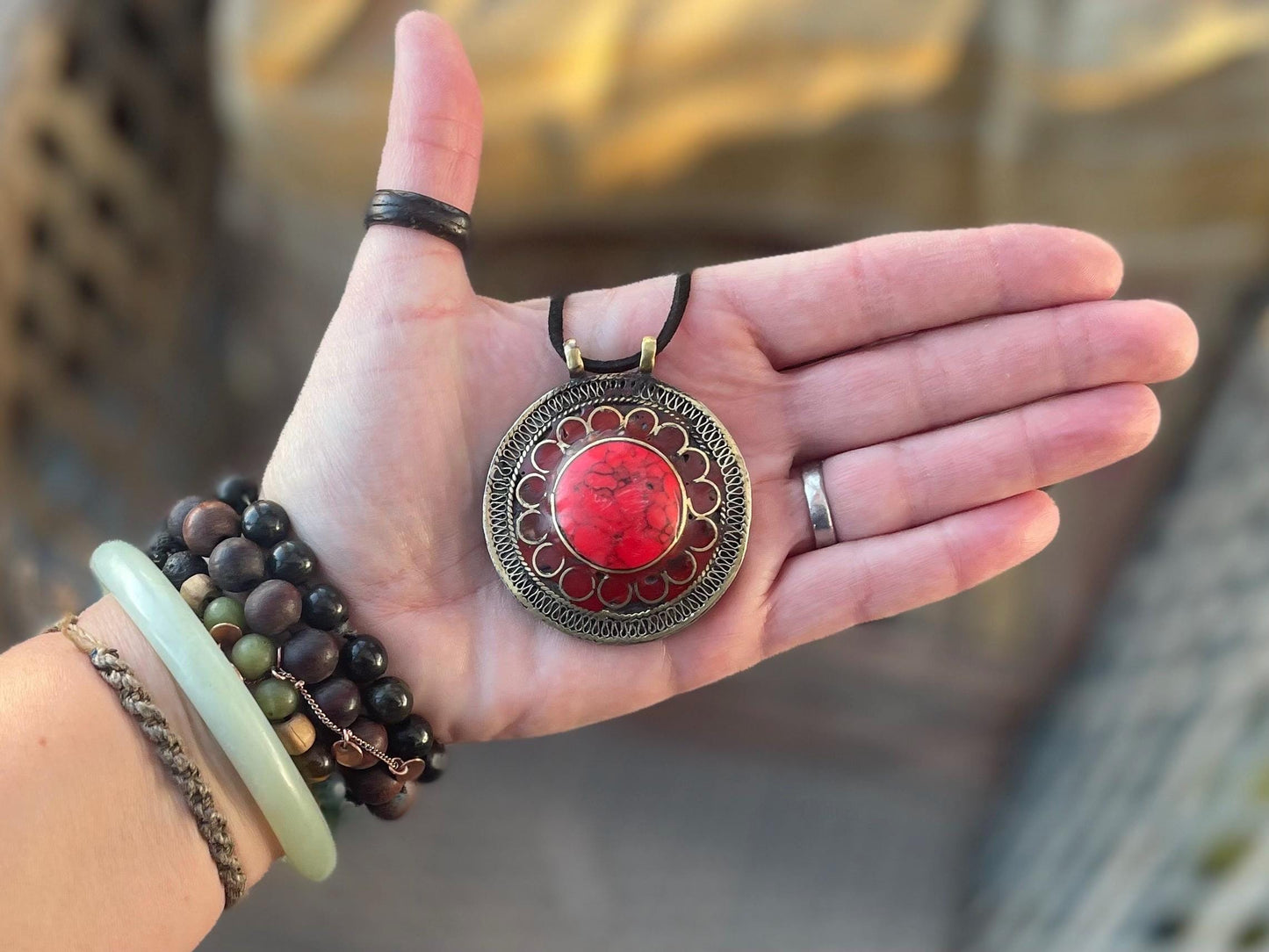 Gypsy jewellery. Very large statement necklace. Vintage jewellery, ethical jewellery, red pendant, boho necklace, unique necklace