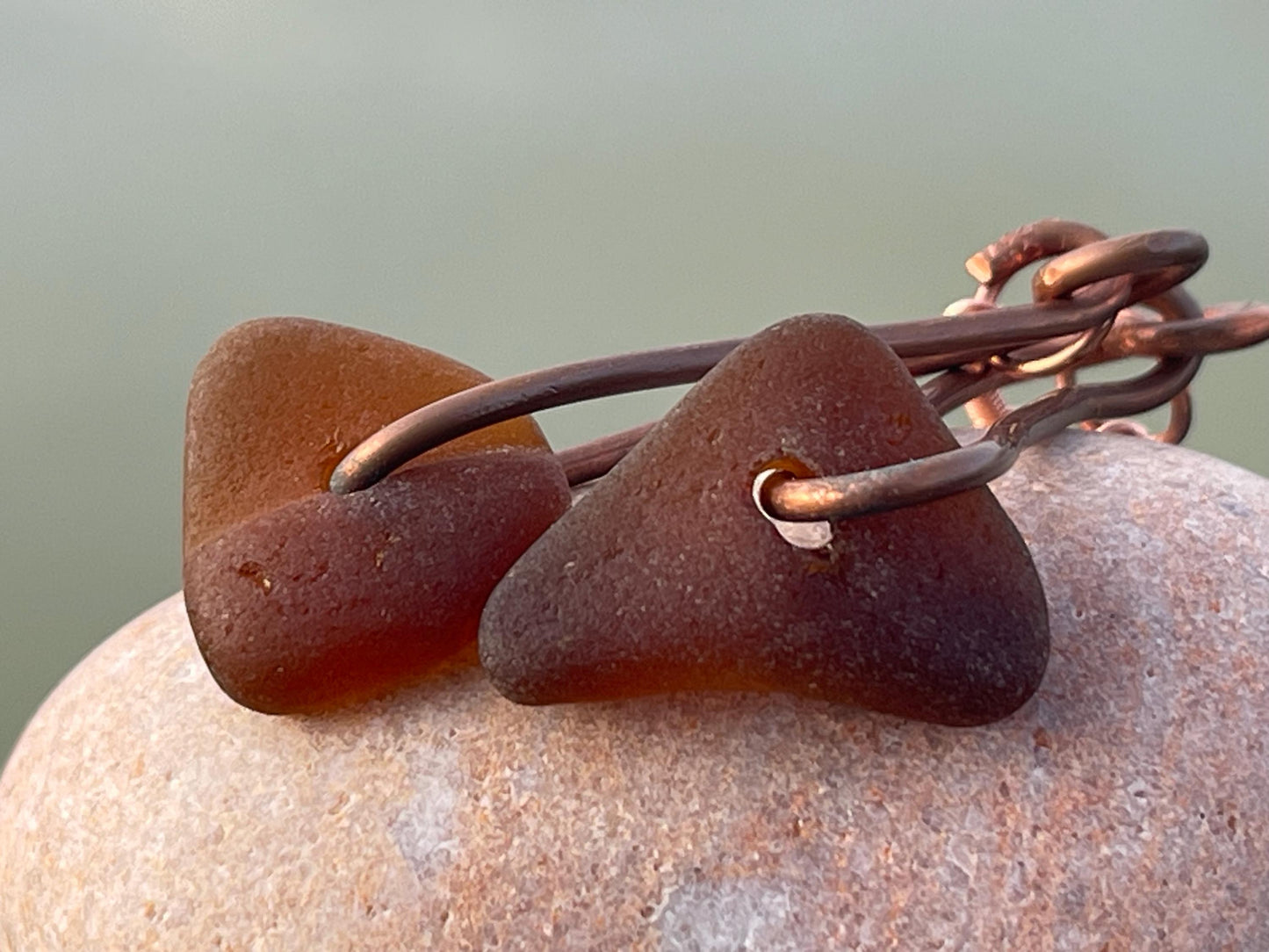 Sea glass and recycled copper earrings, unique earrings, ethical jewellery, unusual boho jewellery, sea glass jewellery, orange sea glass