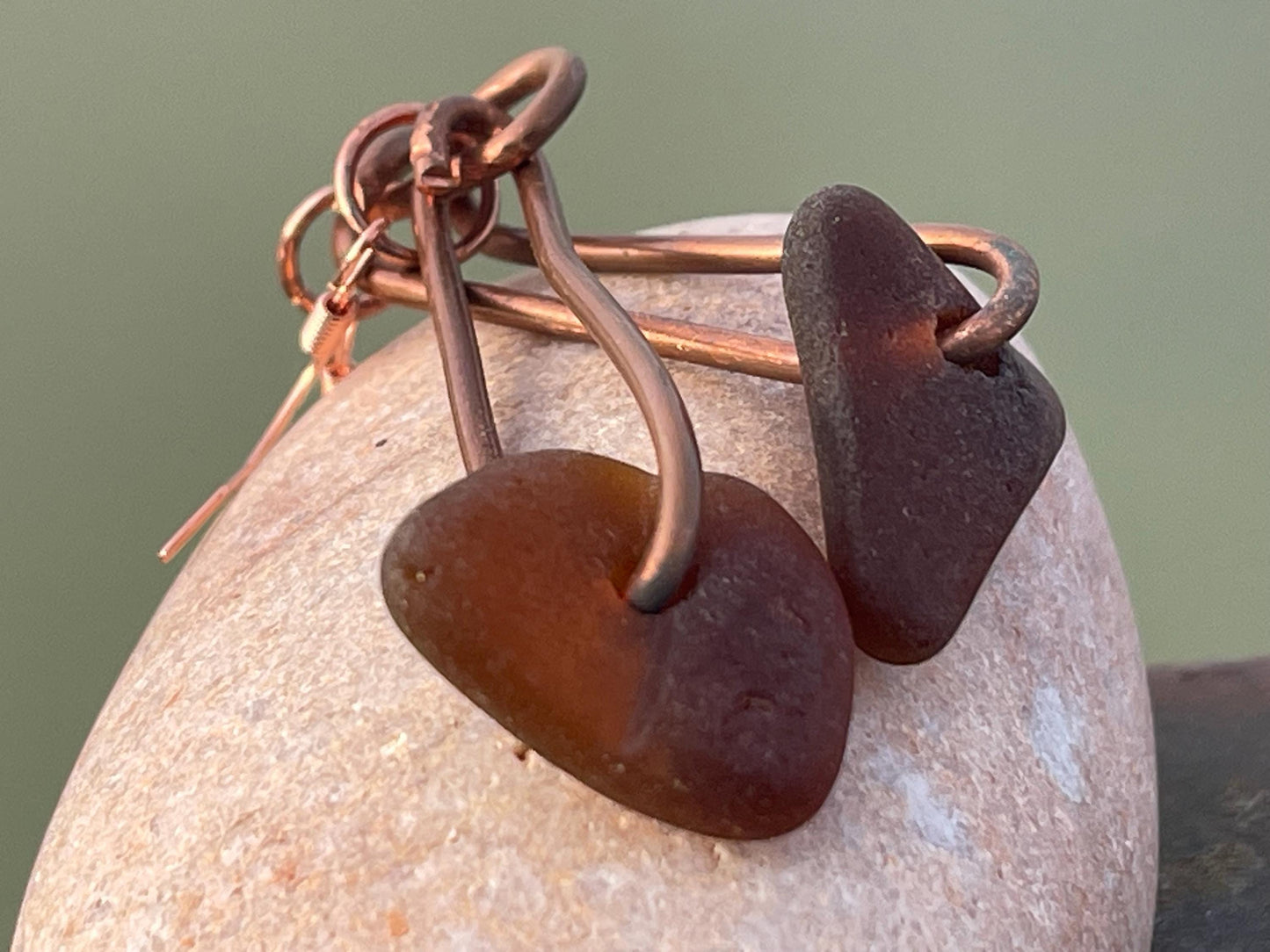 Sea glass and recycled copper earrings, unique earrings, ethical jewellery, unusual boho jewellery, sea glass jewellery, orange sea glass