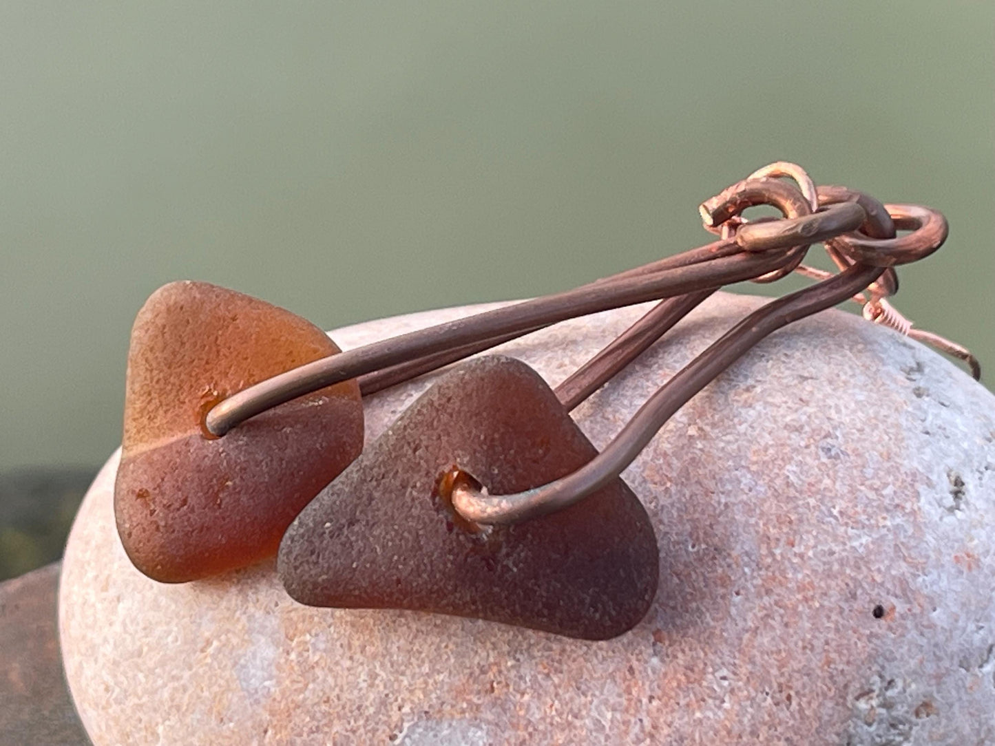 Sea glass and recycled copper earrings, unique earrings, ethical jewellery, unusual boho jewellery, sea glass jewellery, orange sea glass