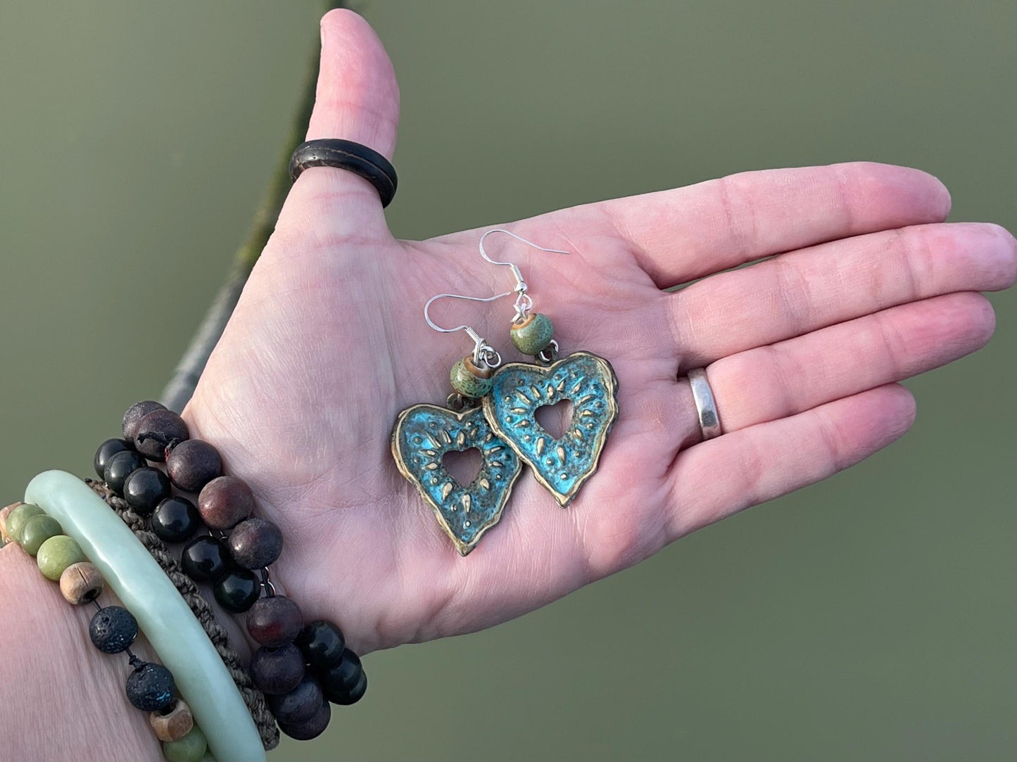 Handmade heart earrings. Rustic earrings, unusual earrings, unusual gift for her, blue earrings, boho earrings, heart jewellery, hippy gift