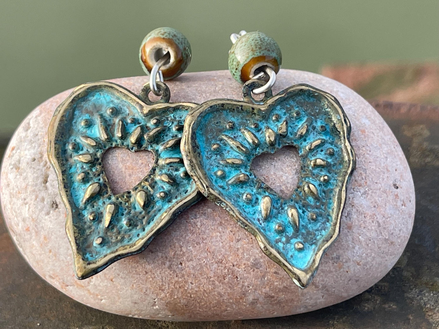 Handmade heart earrings. Rustic earrings, unusual earrings, unusual gift for her, blue earrings, boho earrings, heart jewellery, hippy gift