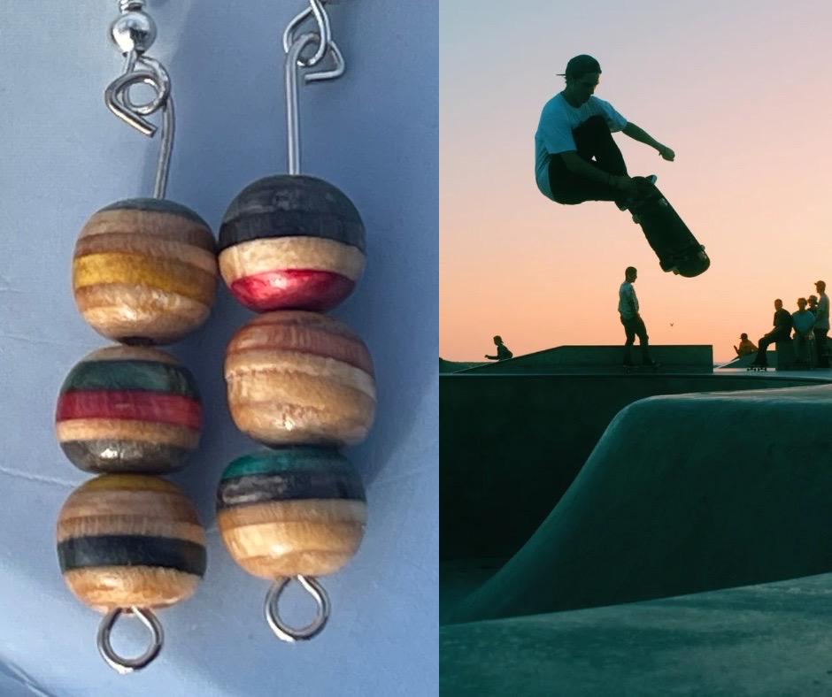 Handmade earrings made from old skateboards. Skateboard earrings. Skater jewellery. Sustainable jewellery. Eco friendly earrings. Cool gifts