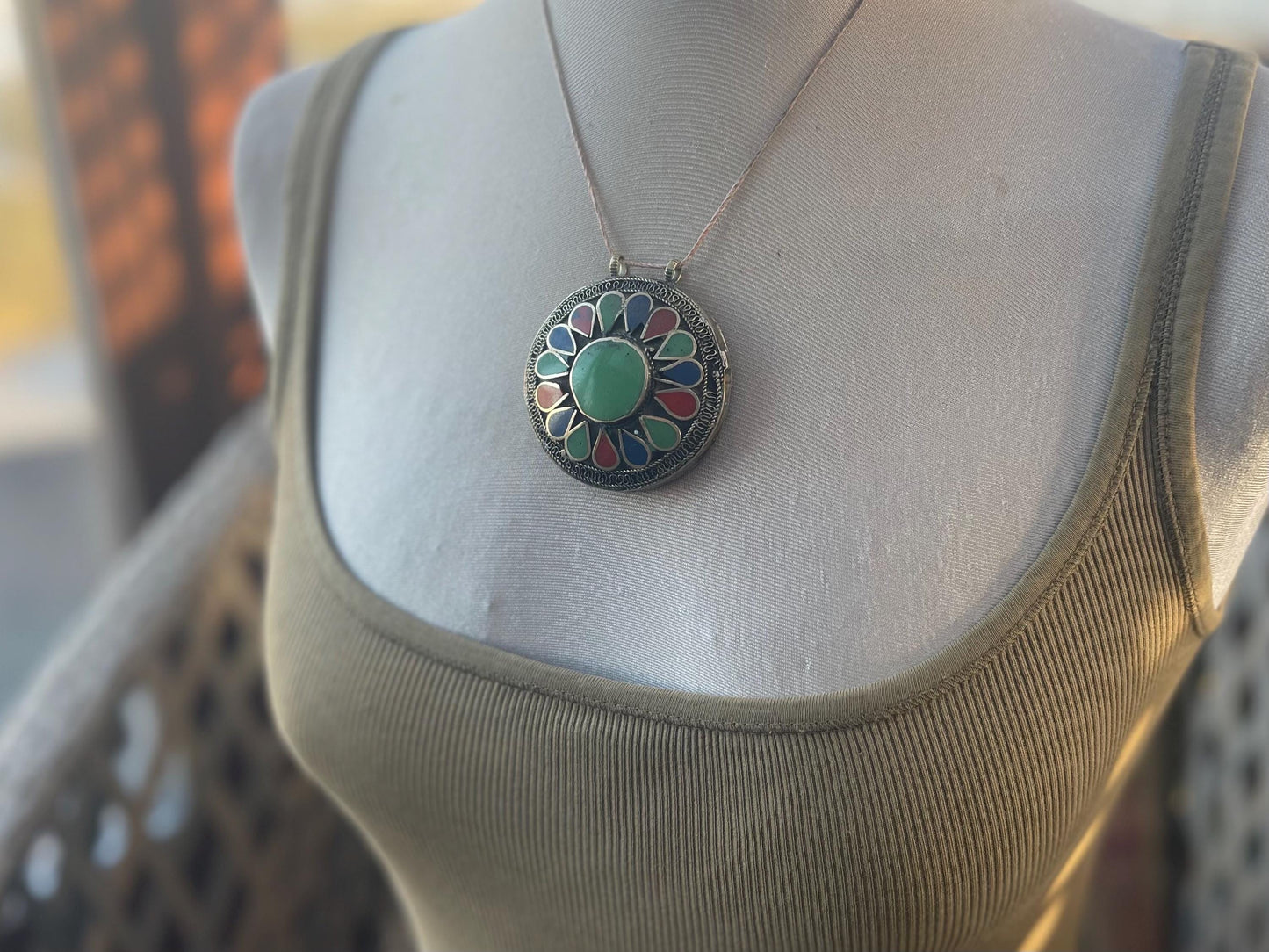 Gypsy jewellery. Very large statement necklace. Vintage jewellery, ethical jewellery, red and green pendant, boho necklace, unique necklace