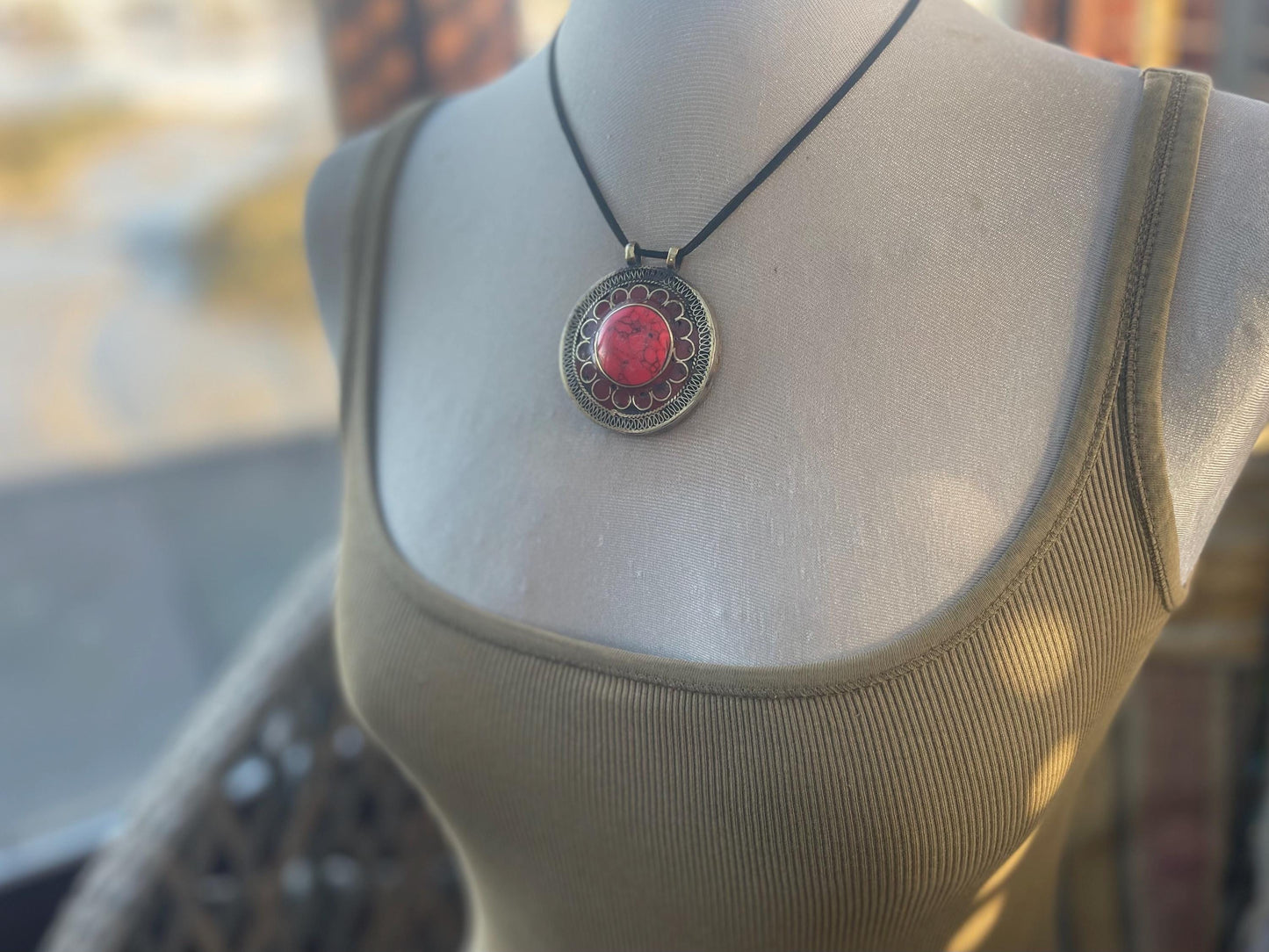 Gypsy jewellery. Very large statement necklace. Vintage jewellery, ethical jewellery, red pendant, boho necklace, unique necklace