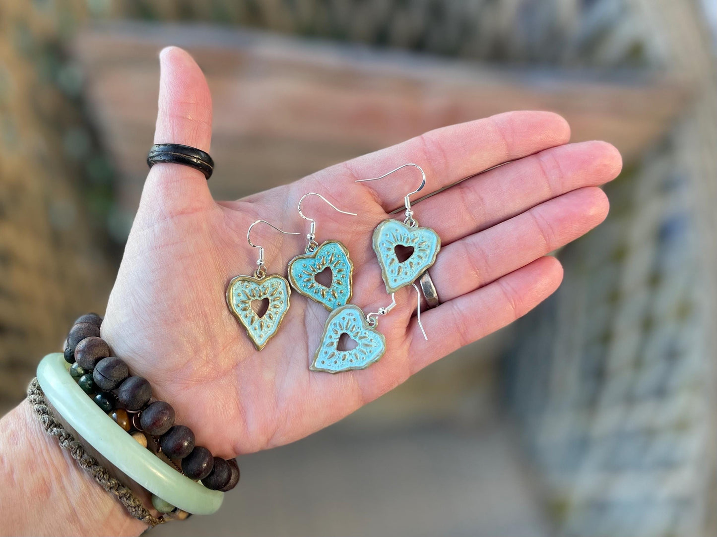 Handmade heart earrings. Rustic earrings, unusual earrings, unusual gift for her, blue earrings, boho earrings, heart jewellery, hippy gift