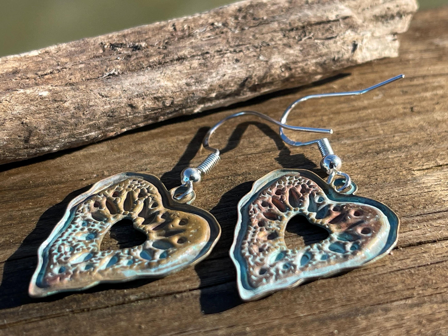 Handmade heart earrings. Rustic earrings, unusual earrings, unusual gift for her, blue earrings, boho earrings, heart jewellery, hippy gift