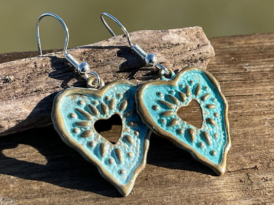 Handmade heart earrings. Rustic earrings, unusual earrings, unusual gift for her, blue earrings, boho earrings, heart jewellery, hippy gift