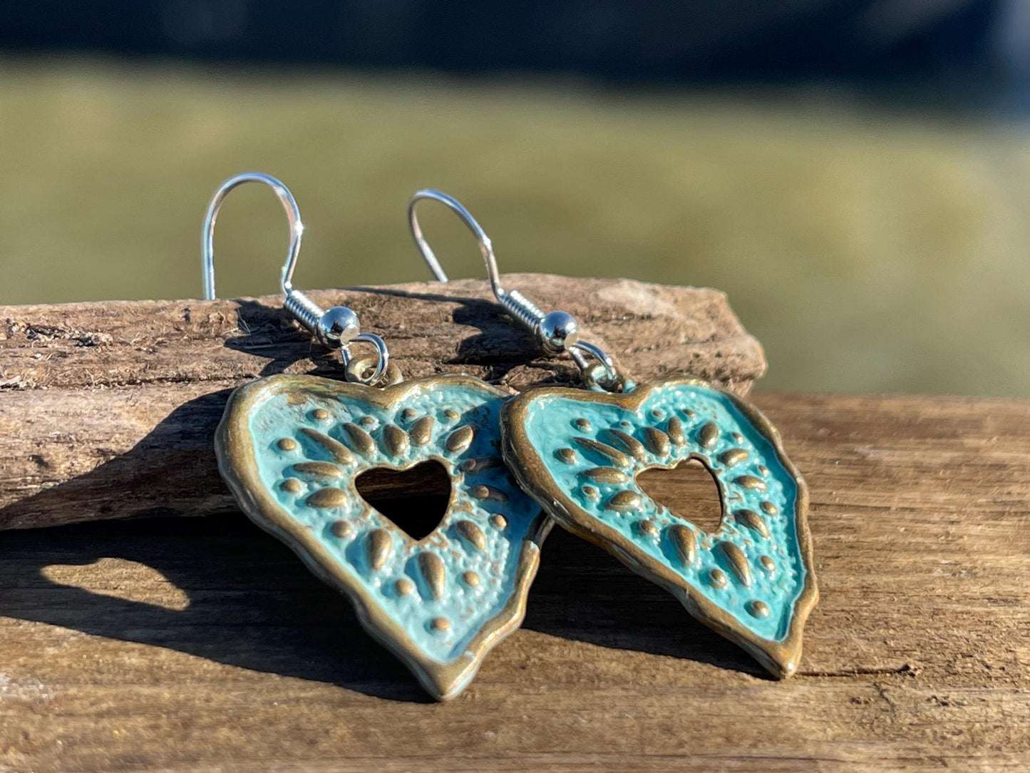 Handmade heart earrings. Rustic earrings, unusual earrings, unusual gift for her, blue earrings, boho earrings, heart jewellery, hippy gift