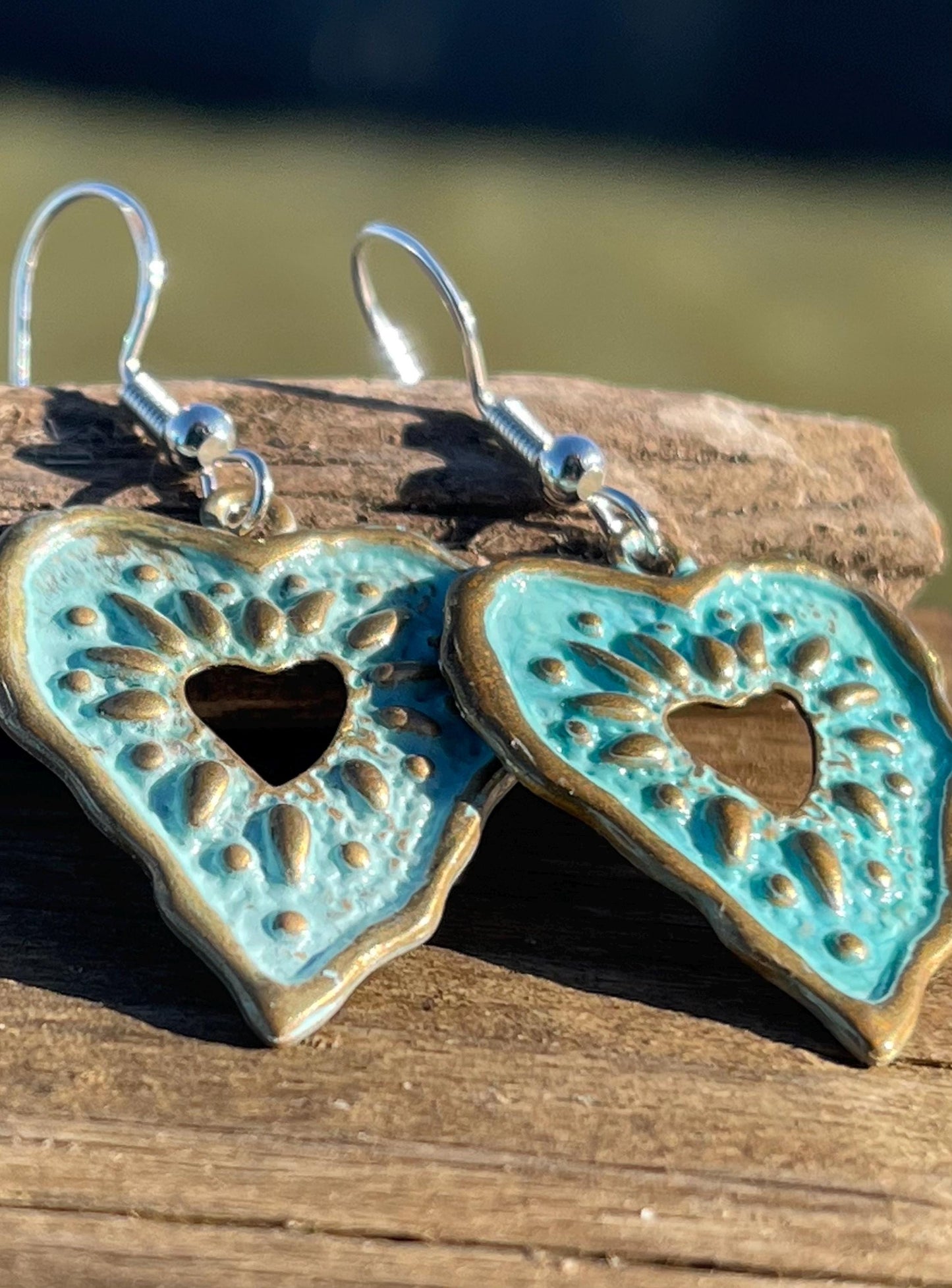 Handmade heart earrings. Rustic earrings, unusual earrings, unusual gift for her, blue earrings, boho earrings, heart jewellery, hippy gift