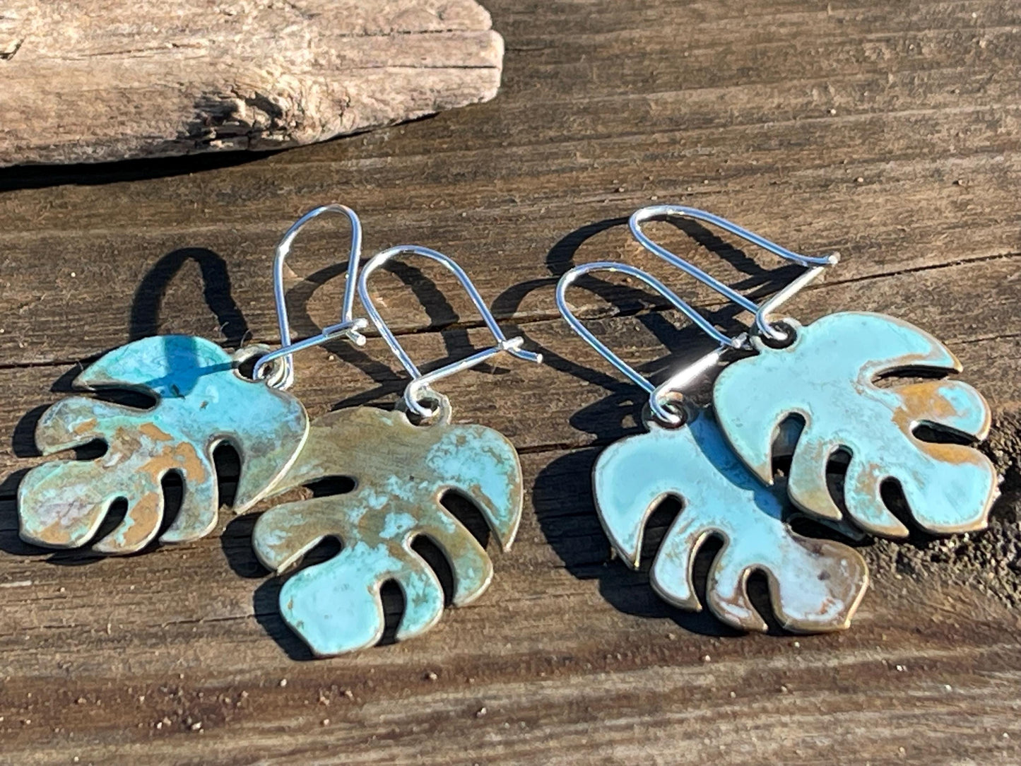 Handmade leaf earrings. Rustic earrings, unusual earrings, unusual gift for her, blue earrings, boho earrings, heart jewellery, hippy gift