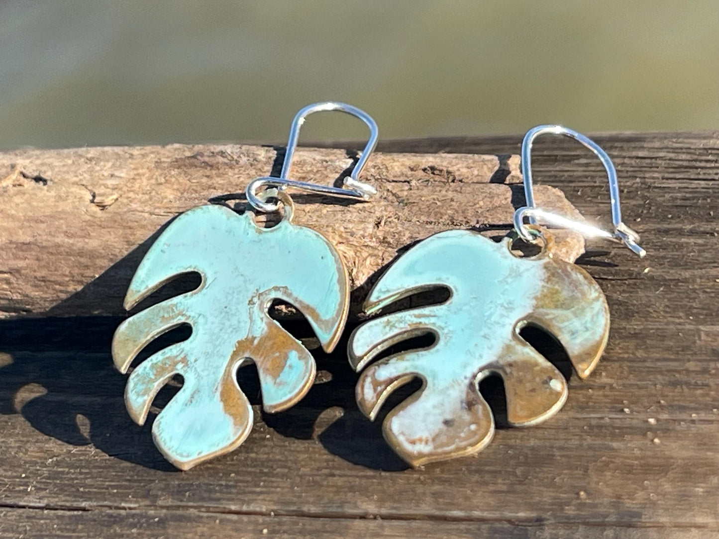 Handmade leaf earrings. Rustic earrings, unusual earrings, unusual gift for her, blue earrings, boho earrings, heart jewellery, hippy gift