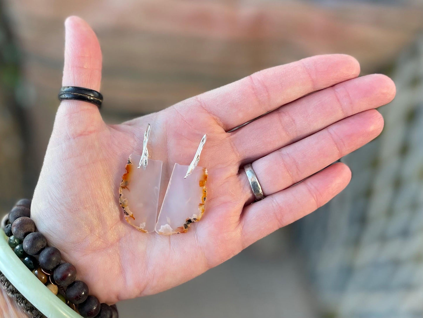 Cherry Blossum Agate gemstone earrings. Long drop dangly earrings. Orange gemstone earrings. Ethical jewellery, orange jewellery. Handmade.