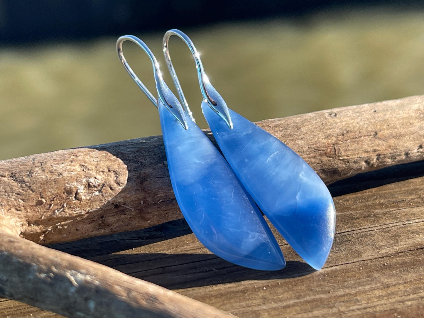 Blue onyx gemstone earrings. Long drop dangly earrings. Blue gemstone earrings. Ethical jewellery, blue jewellery. Handmade onyx jewellery.