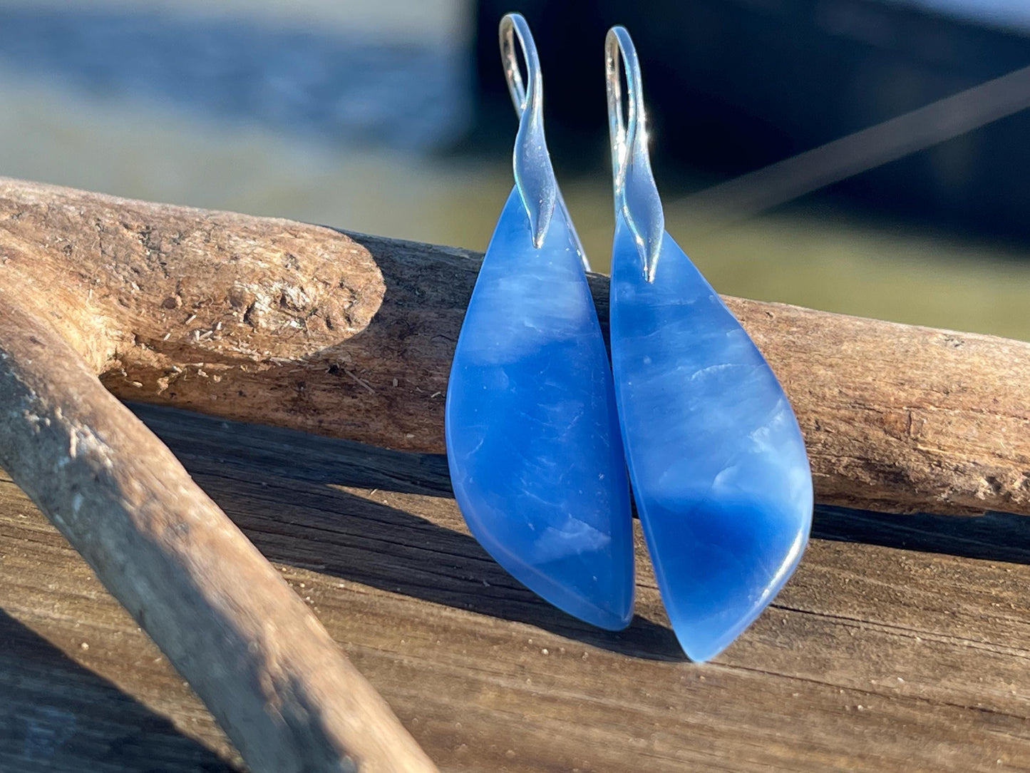 Blue onyx gemstone earrings. Long drop dangly earrings. Blue gemstone earrings. Ethical jewellery, blue jewellery. Handmade onyx jewellery.