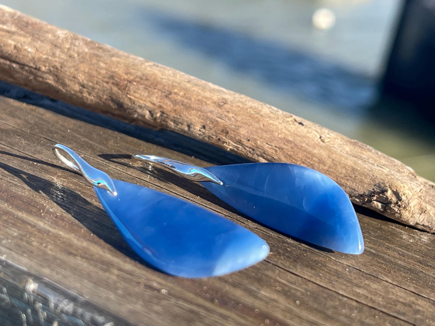 Blue onyx gemstone earrings. Long drop dangly earrings. Blue gemstone earrings. Ethical jewellery, blue jewellery. Handmade onyx jewellery.