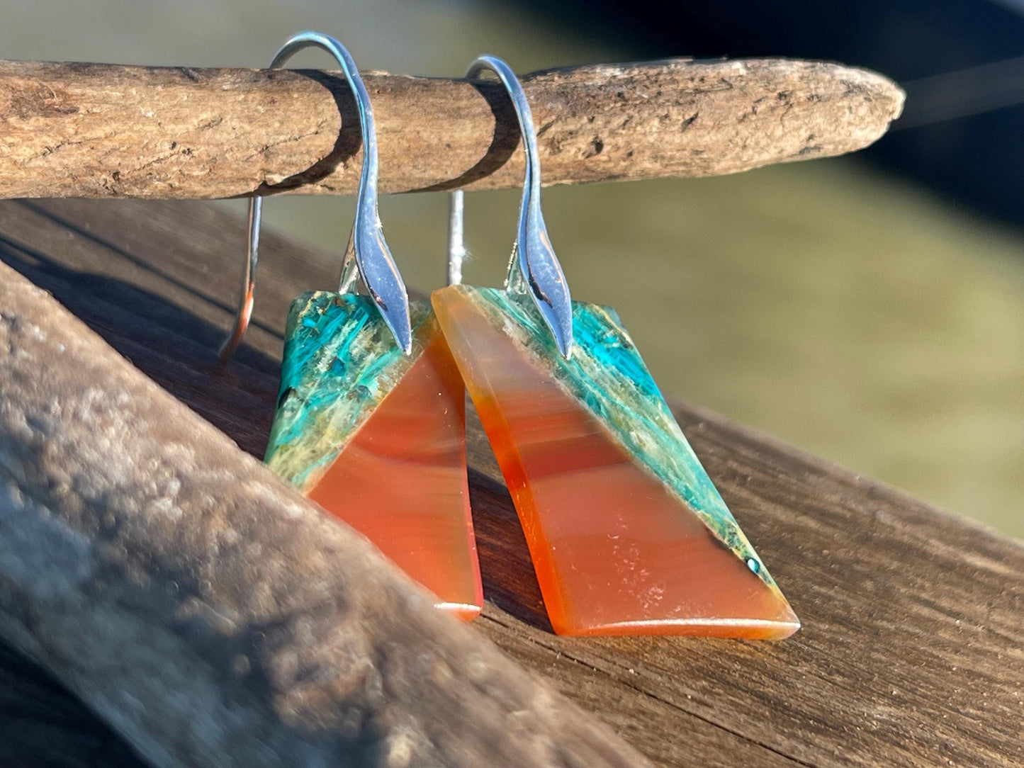 Chrysocolla gemstone earrings on sterling silver & gold. Ethical jewellery, green gemstone earrings. Stunning unique jewellery. Unique gifts