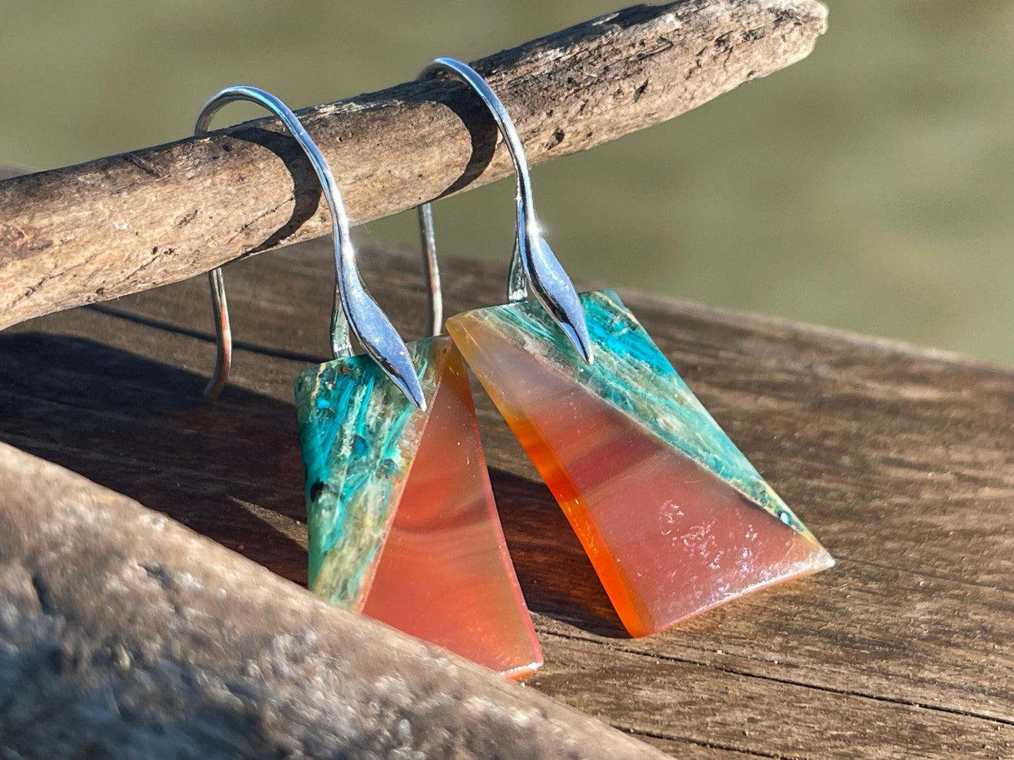 Chrysocolla gemstone earrings on sterling silver & gold. Ethical jewellery, green gemstone earrings. Stunning unique jewellery. Unique gifts