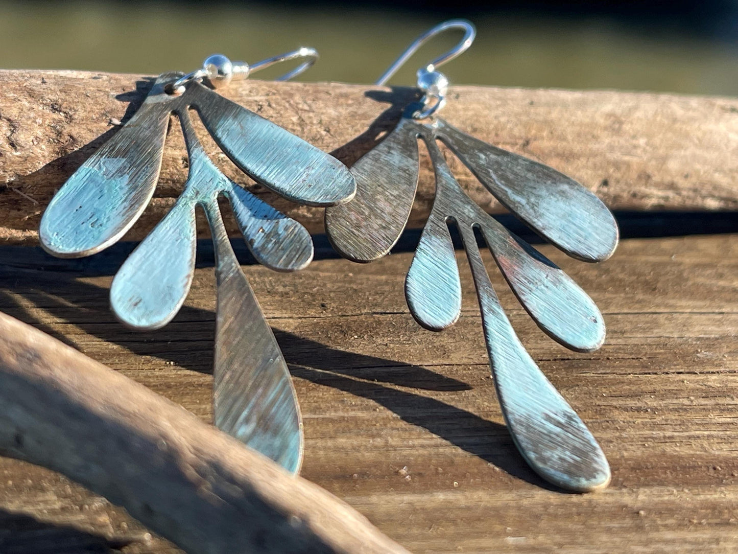 Handmade leaf earrings. Rustic earrings, unusual earrings, unusual gift for her, blue earrings, boho earrings, heart jewellery, hippy gift