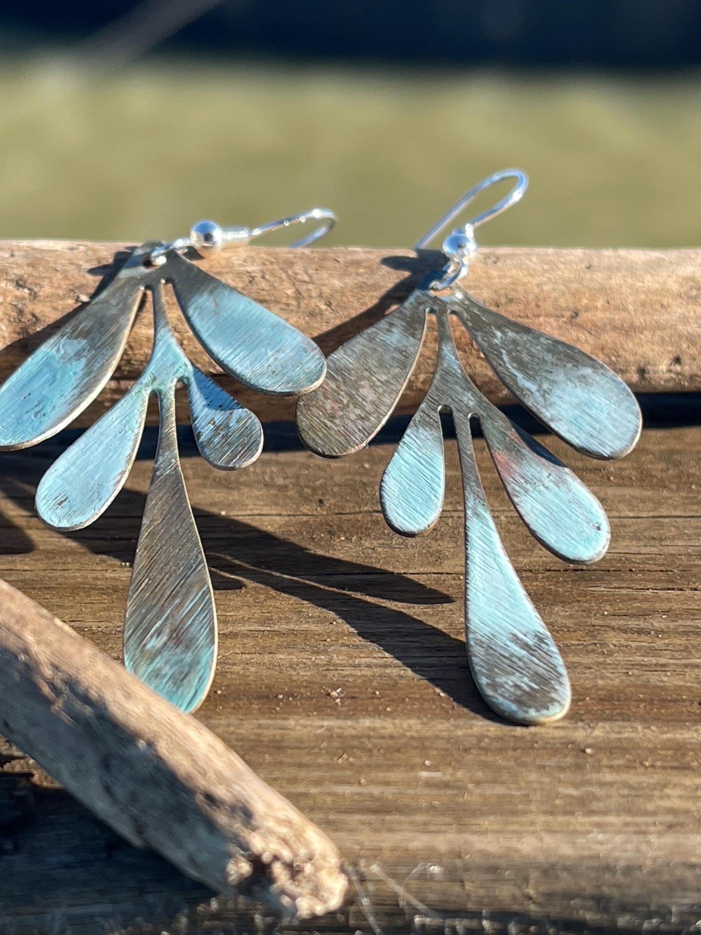 Handmade leaf earrings. Rustic earrings, unusual earrings, unusual gift for her, blue earrings, boho earrings, heart jewellery, hippy gift