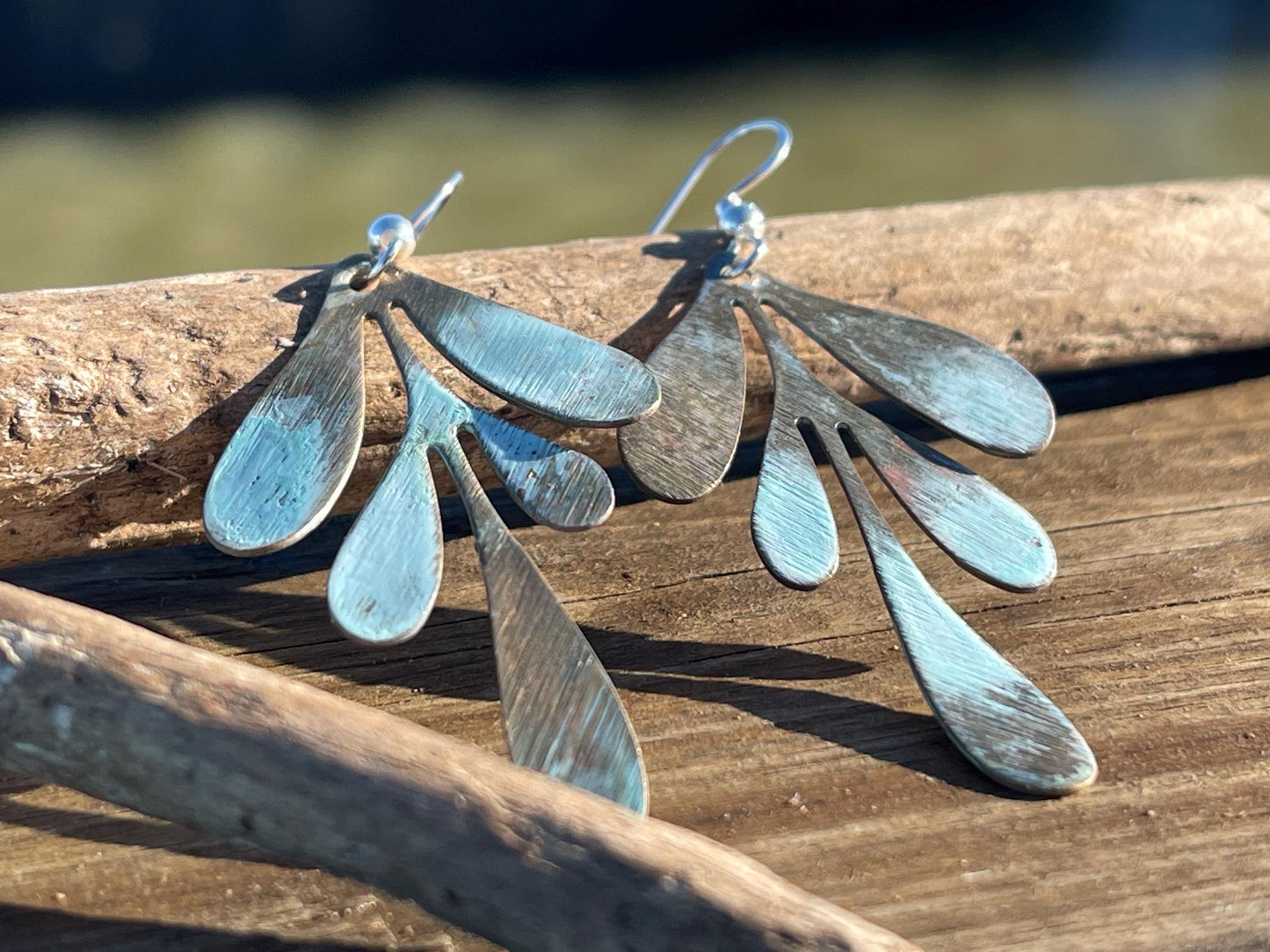 Handmade leaf earrings. Rustic earrings, unusual earrings, unusual gift for her, blue earrings, boho earrings, heart jewellery, hippy gift