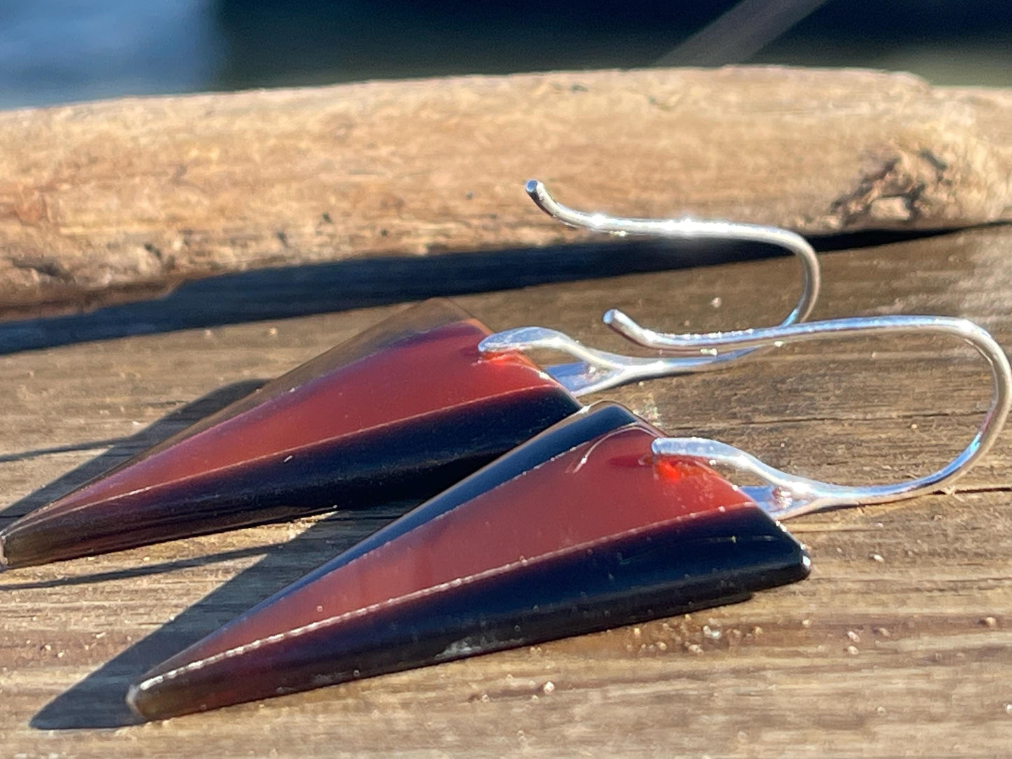 Obsidian and red agate gemstone earrings on sterling silver. Ethical and unique jewellery. Red and black earrings. Unique handmade earrings.