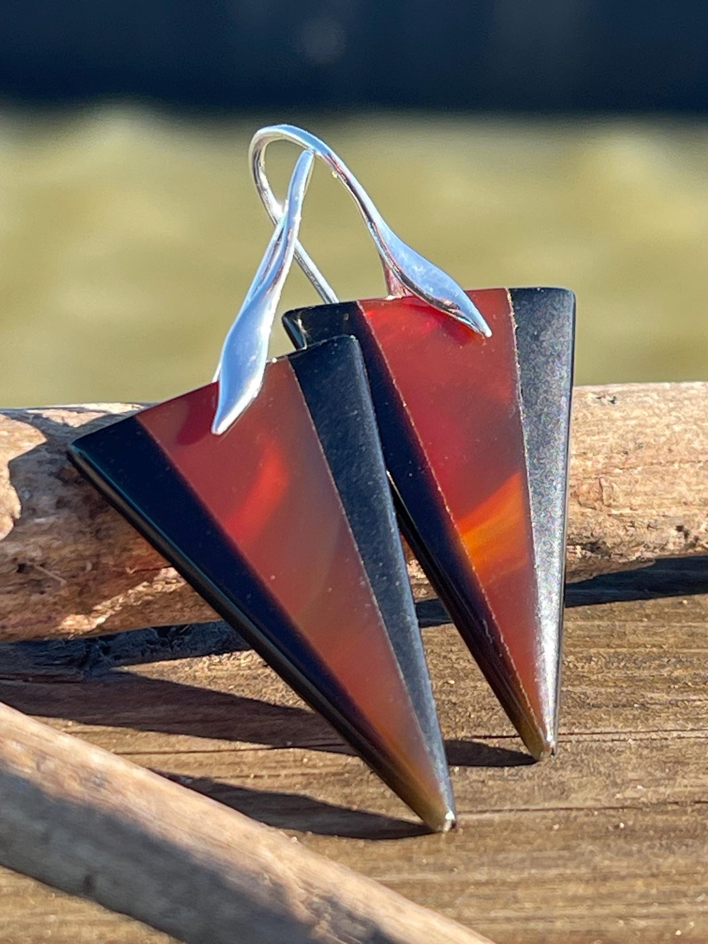 Obsidian and red agate gemstone earrings on sterling silver. Ethical and unique jewellery. Red and black earrings. Unique handmade earrings.