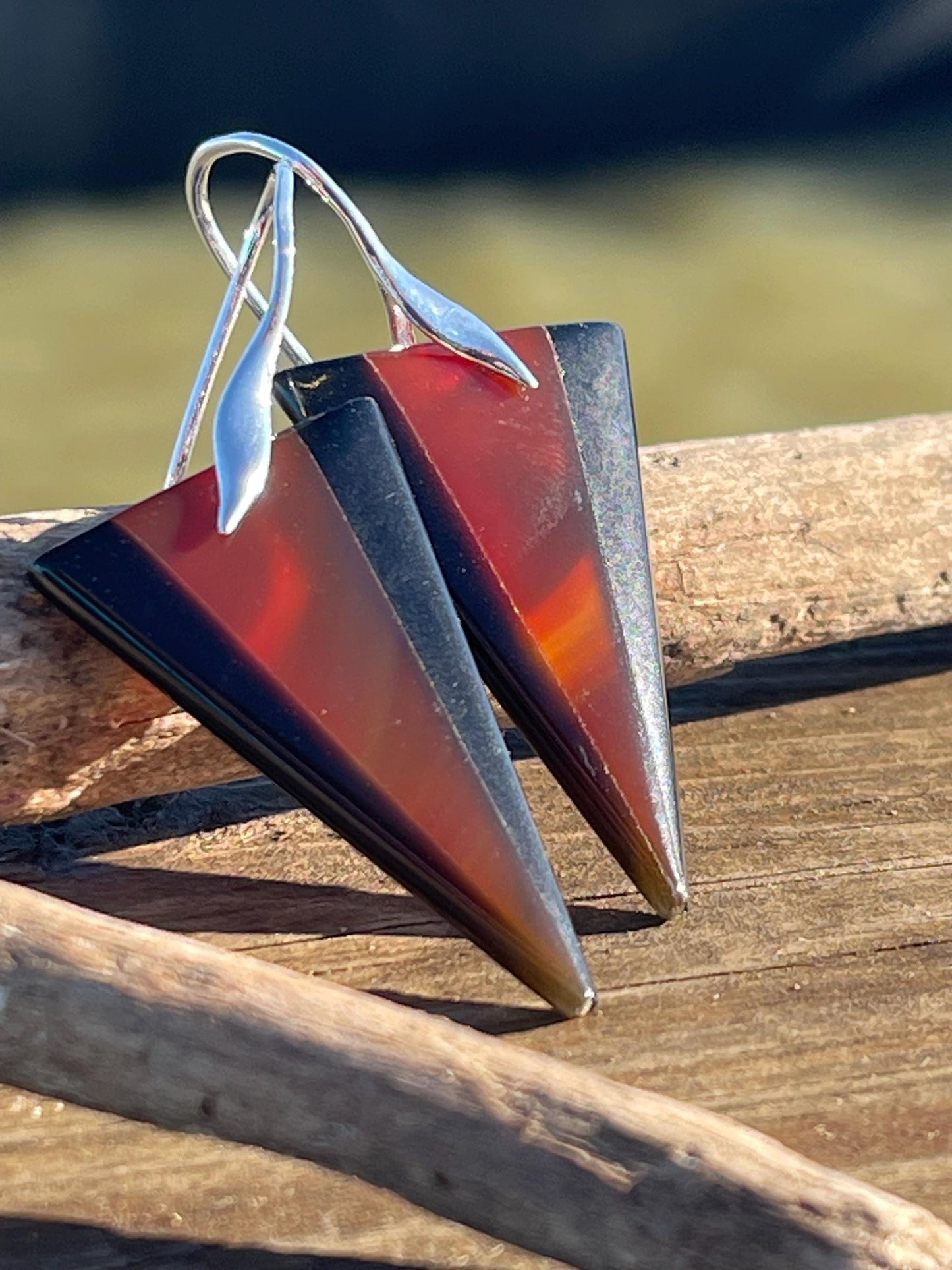 Obsidian and red agate gemstone earrings on sterling silver. Ethical and unique jewellery. Red and black earrings. Unique handmade earrings.