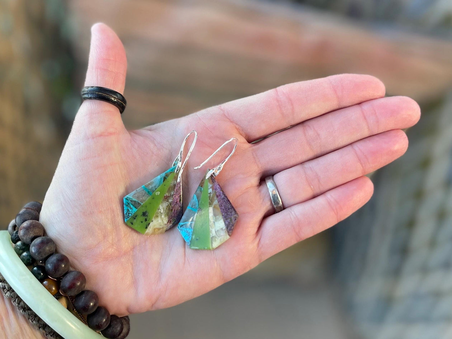 Fused chrysocolla gemstone earrings on sterling silver. Ethical jewellery, serpantine gemstone earrings. Unique jewellery. Unique gifts