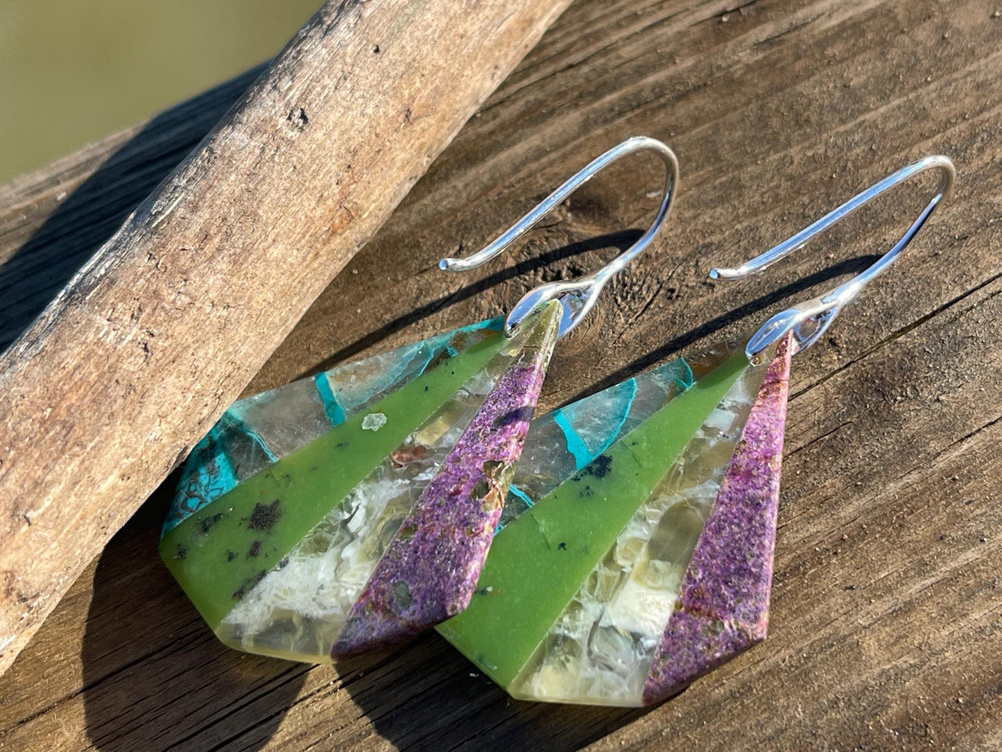 Fused chrysocolla gemstone earrings on sterling silver. Ethical jewellery, serpantine gemstone earrings. Unique jewellery. Unique gifts