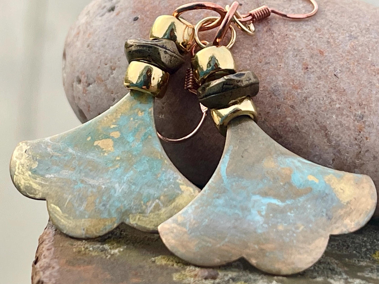 Handmade patina earrings. Rustic earrings, unusual earrings, unusual gift for her, blue earrings, boho earrings, large statement earrings.