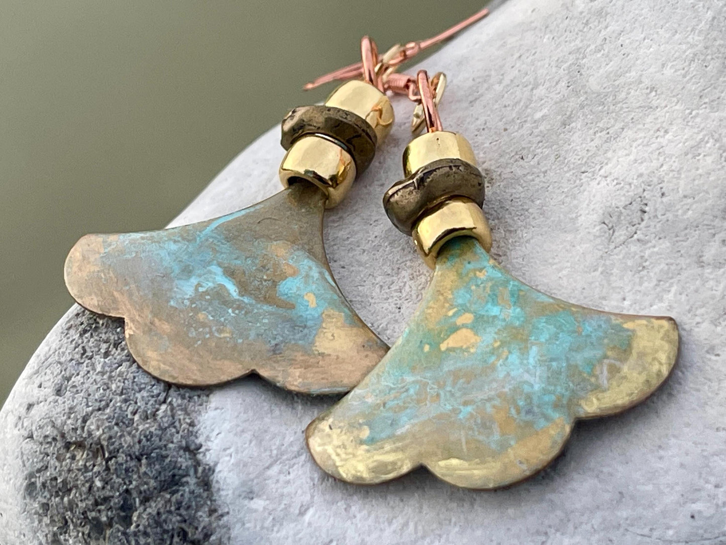 Handmade patina earrings. Rustic earrings, unusual earrings, unusual gift for her, blue earrings, boho earrings, large statement earrings.