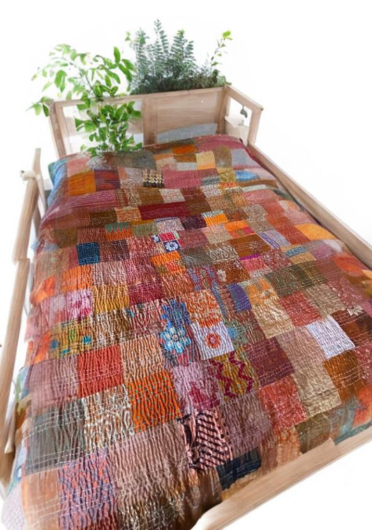 KING SIZE Orange bedspread made from vintage fabrics. Stunning patchwork bed throw. Multi- coloured.