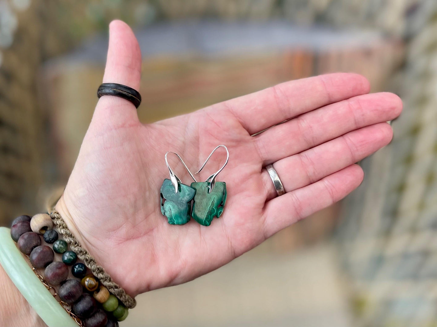 Silver earrings, boho earrings, unusual gift for her, malachite earrings, malachite jewellery, green gemstone earrings. Unusual jewellery