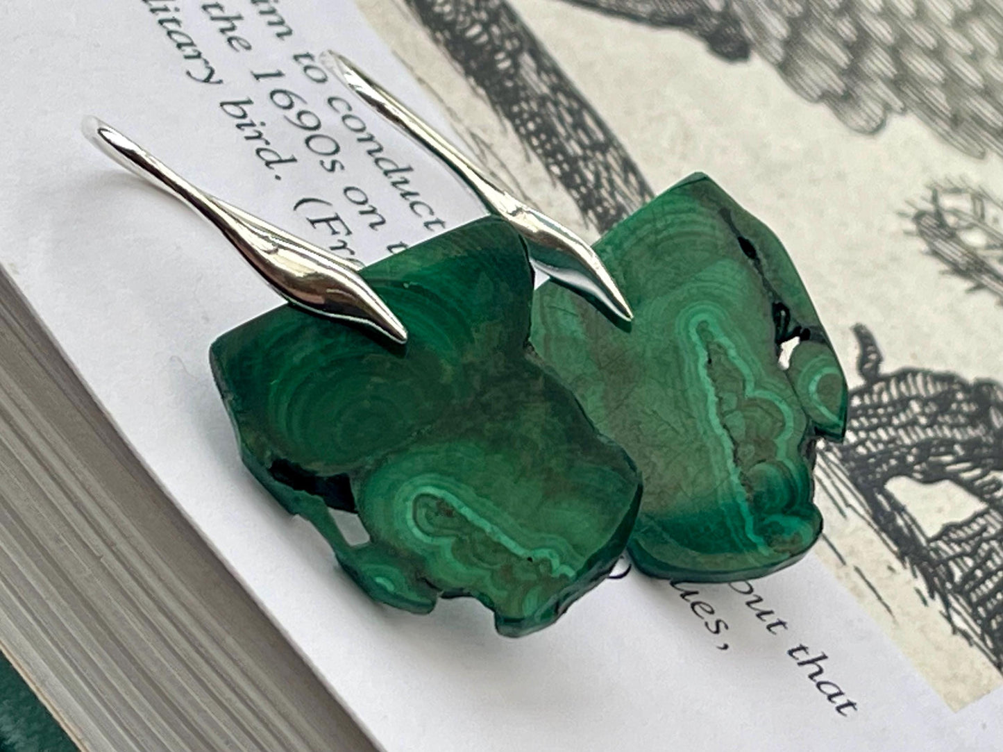 Silver earrings, boho earrings, unusual gift for her, malachite earrings, malachite jewellery, green gemstone earrings. Unusual jewellery