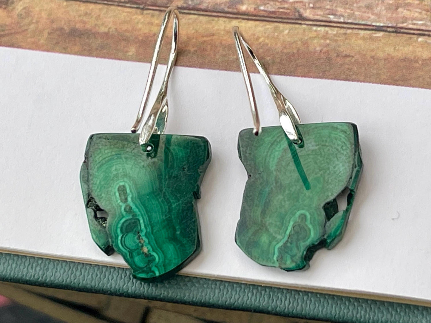 Silver earrings, boho earrings, unusual gift for her, malachite earrings, malachite jewellery, green gemstone earrings. Unusual jewellery